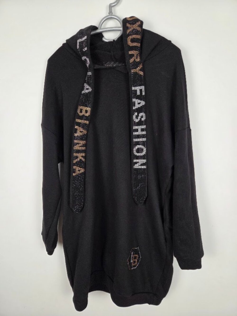 L'Ola Bianka Oversized Hoodie Dress Black Rhinestone Luxury Fashion Sweatshirt